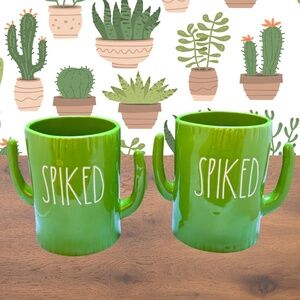 Rae Dunn “Spiked” Cactus Coffee Cup Mug Set, Magenta Collection Green, Set of 2